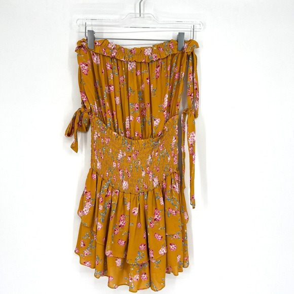Blue Life Romper Womens M Yellow‎ Floral Ruffle Smocked Strapless Mini Bohemian - Picture 1 of 4